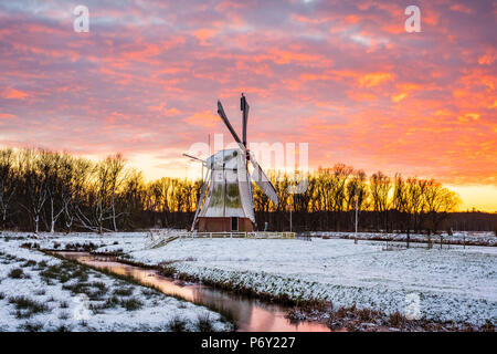 Witte Molen (White Mill) moulin à vent hollandais en hiver au coucher du soleil, Harn, Groningen, Hollande du Nord, Pays-Bas Banque D'Images