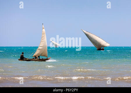 Trois petits dhows sont à la pêche près de la côte, Zanzibar, Tanzanie Banque D'Images