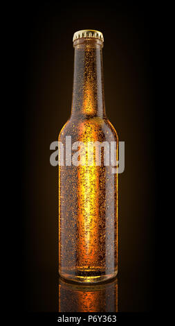 Bouteille de bière la vie encore en rétro-éclairage sur fond noir, avec des bulles et de la gelée blanche, rendu 3D. Banque D'Images