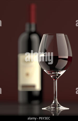 Hors focale Bouteille de vin rouge foncé avec sur le fond et le dessus en verre réfléchissant. Banque D'Images
