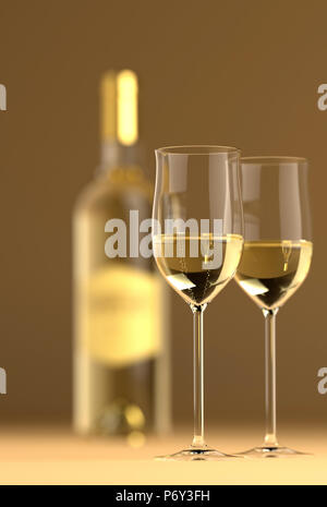 Bouteille de vin blanc avec verre réfléchissant sur le fond et le dessus. Banque D'Images