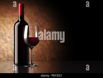 Bouteille de vin rouge foncé avec sur le fond et le dessus en verre réfléchissant. Banque D'Images