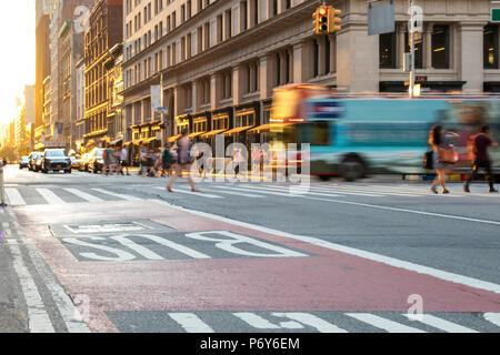 New York City tour bus conduire sur la 5ème Avenue à Manhattan, avec des gens qui marchent à travers l'intersection et le coucher du soleil dans l'arrière-plan Banque D'Images