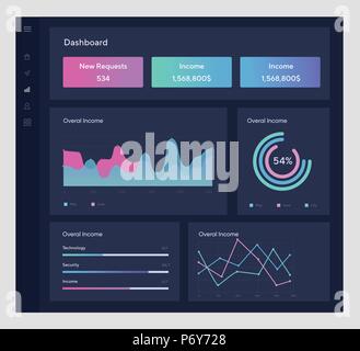 Infographic template design plat avec des graphiques statistiques quotidiennes, planche de bord, les diagrammes à secteurs, workflow, web design, éléments d'interface utilisateur. Gestion de réseau avec l'écran des données des tableaux et des diagrammes. Illustration de Vecteur