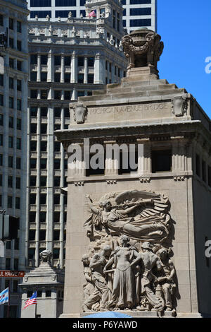 La Michigan Avenue Bridge House sur le SE corner dispose d'une régénération de secours appelé commémorant la reconstruction de Chicago après l'incendie de 1871 Banque D'Images