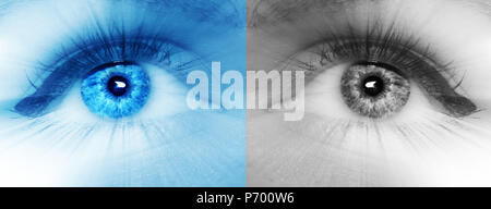 Beau bleu et noir et blanc les yeux avec les rayons divergent dans toutes les directions, abstract image artistique de rêve. Macro Banque D'Images