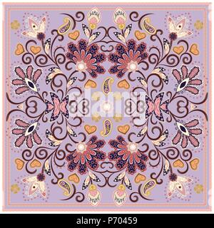 Jolie nappe fleurs ethnique indienne. Vecteur de belles ornement. Card, bandana foulard imprimé, conception, serviette. Beige Bleu rose pastel sur des motifs très blanc. Prêt pour l'impression. Illustration de Vecteur