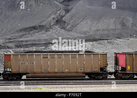 Une image horizontale d'un open top rail car chargés de minerai de charbon brut à une mine de charbon près de l'Alberta de Cadomin Canada. Banque D'Images