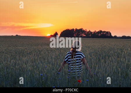 Adolescentes en tshirt à rayures sur le champ de blé d'été en admirant le coucher du soleil panoramique Banque D'Images