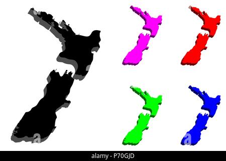 Carte 3D de la Nouvelle-Zélande Aotearoa () - noir, rouge, violet, bleu et vert - vector illustration Illustration de Vecteur