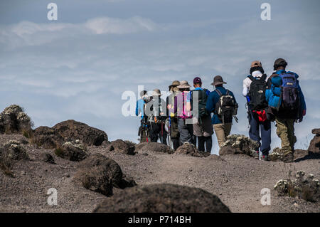 Un groupe de randonneurs sur la route Machame sur le Mont Kilimandjaro en descendant vers les nuages, la Tanzanie, l'Afrique de l'Est, l'Afrique Banque D'Images