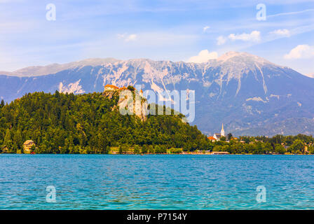 Le lac de Bled et le château de Bled, Slovénie, Europe Banque D'Images