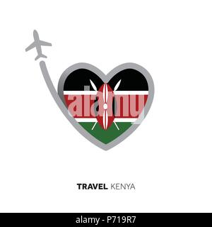 Kenya travel concept. Forme de coeur drapeau avec airplane Illustration de Vecteur