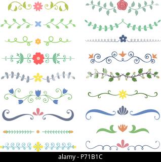 Collection de couleur texte dessiné à la main s'épanouir des séparateurs. Doodle boders botanique pour typographie design, invitations, cartes de vœux. Et calligraphique Illustration de Vecteur