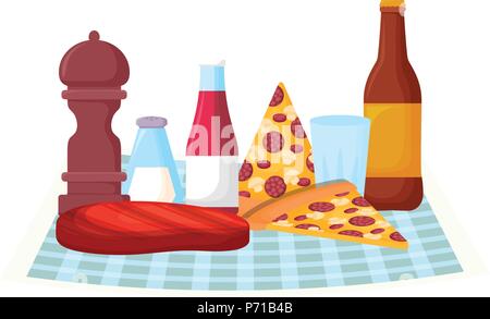 Nappe de pique-nique avec des pizzas et des boissons en bouteilles sur fond blanc, vector illustration Illustration de Vecteur