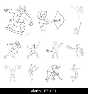 Différents types d'icônes de contours sports collection set pour la conception. Les compétitions de l'athlète, symbole vecteur illustration de stock. Illustration de Vecteur