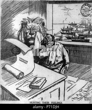 English : 'blesser leurs sentiments" - caricature politique montrant la British lion et John Bull à papier à 'American protestent et pleurer. Dans l'arrière-plan des navires américains et les cargaisons sont dans le port, au cours de la Première Guerre mondiale publiés dans le monde. 9 novembre 1915 6 blesser leurs sentiments cph.3b32242 Banque D'Images