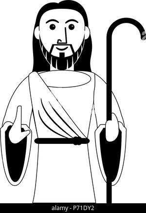 Jesuschrist avec stick cartoon en noir et blanc Illustration de Vecteur