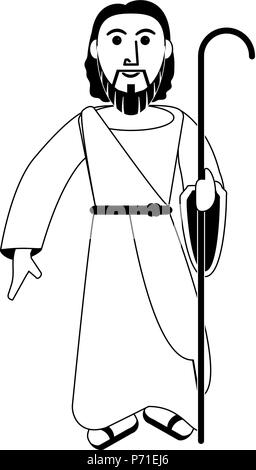 Jesuschrist avec stick cartoon en noir et blanc Illustration de Vecteur