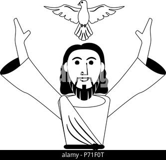 Jesuschrist avec dove cartoon en noir et blanc Illustration de Vecteur