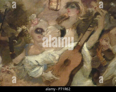 English : - détail 035 - Pierrot chantant et jouant de la guitare au milieu de la foule en fête : anglais - Pierrot chantant et jouant de la guitare, au milieu de la foule festive - Montmartre - . WILLETTE Adolphe,229 1884 1884 - Parce Domine - Détail 035 Banque D'Images