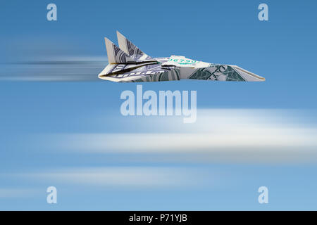 Dollar Jet Airplane Flying rapide dans le ciel. Banque D'Images