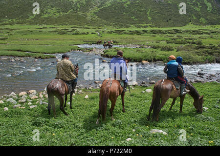 Les chevaux qui traversent la rivière Tup, Jyrgalan Valley, Kirghizistan Banque D'Images