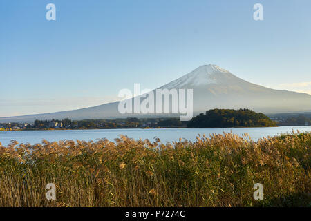 Le Mont Fuji, Site du patrimoine mondial de l'UNESCO, et le lac Kawaguchiko avec ciel bleu, Yamanashi Prefecture, Honshu, Japan, Asia Banque D'Images