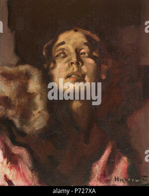 Deutsch : Portrait einer jungen Dame eleganten dans lachsfarbener Ballrobe Pelzbesatz abendlicher mit vor dunklem Hintergrund. Öl auf Leinwand. 41 x 33,5 cm. Signiert . Avant 1929 141 Hugo von Habermann Portrait einer Dame Banque D'Images