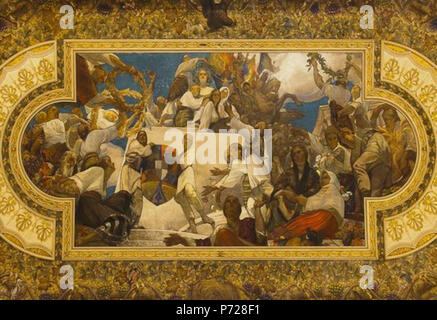 Român : Plafonul Scrii Voievozilor Palatul Regal din din România (Bucureti) este decorat cu o scen (fresc) un pictorul pictat Unirii, de Vérone, Arthur . Date inconnue 4 Arthur - Vérone - Fresca Apoteoza Palatul de Regal (Muzeul de Arta) National de Banque D'Images