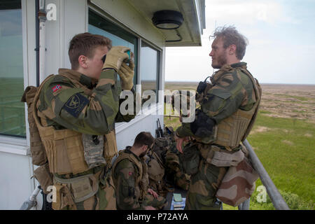 Un soldat norvégien norvégien avec surveillance et d'acquisition d'Brigade-North observe la zone d'impact de la batterie pendant un appel pour la mission d'incendie au Marine Corps Champ périphériques, de l'Atlantique Nord, le 11 mai 2017. Les Norvégiens participent en birman Chase, un multi-annuel, exercice d'entraînement latéral entre les forces armées des États-Unis et les membres de l'OTAN menées pour accroître la maîtrise des incendies de forêt, les méthodes d'insertion et des petites unités tactiques. Banque D'Images