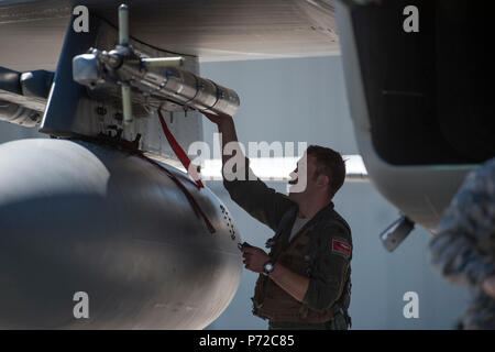 U.S. Air Force Le Capitaine Joshua Prochaska, pilote de chasse affecté à la 67e Escadron de chasse hors de Kadena Air Base, Japon, inspecte ses F-15C Eagle après avoir terminé les opérations de vol lors de l'exercice Northern Edge 2017 at Joint Base Elmendorf-Richardson, Alaska, le 11 mai 2017. Avec des participants actifs et de l'US Air Force, l'Armée de terre, Marine Corps, de la Marine et de la Garde côtière, extrémité nord de l'Alaska est le premier ministre de l'exercice commun conçu pour la pratique de la paix et de renforcer l'interopérabilité entre les services. Banque D'Images