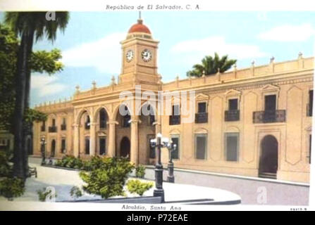 Español : Postal de 1940 que muestra el palacio municipal (luego de los arreglos y modificaciones hechas a su estructura entre 1938 y 1940) y parte del parque de la ciudad Libertad salvadoreña de Santa Ana. 1940 1 Palacio Municipal Santa Ana 1940 Banque D'Images