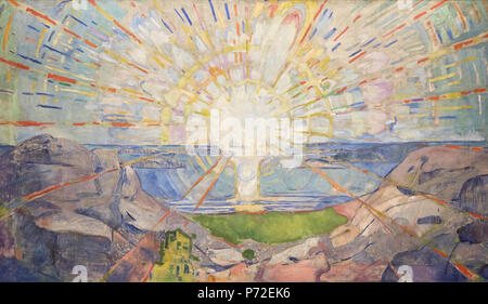 . Norsk bokmål : Solen English : Le Soleil . Anglais : Solen est un des nombreux tableaux d'Edvard Munch que l'on peut voir sur les murs à l'intérieur du hall de cérémonie à l'Université d'Oslo. Les peintures ont été réalisées dans la période 1909-1916, et le peintre est mort en janvier 1944. Norsk nynorsk : Solen er av av maleri fleire iet Edvard Munch som kan synast veggane Aulaen hjå j på Universitetet i Oslo. Maleria vart skapt i perioden 1909 jusqu'à 1916. . 1911 47 av Solen Edvard Munch Banque D'Images