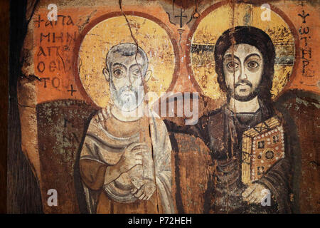 Jésus et Menas dans un 6ème siècle icône à partir de Baouit en moyenne Égypte, Saint-Pierre-le-jeune Église protestante, Strasbourg, France, Europe Banque D'Images