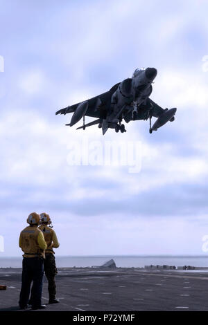 Mer Méditerranée (oct. 15, 2013) L'AV-8B Harrier de la Marina Militare italienne (Marine) atterrit sur le pont d'envol du navire d'assaut amphibie USS Kearsarge (DG 3). Kearsarge est déployée dans le cadre du groupe amphibie Kearsarge appuyer les opérations de sécurité maritime et les efforts de coopération en matière de sécurité dans le théâtre américain dans la zone de responsabilité de la sixième flotte. Banque D'Images