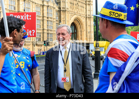 Westminster, Londres, 4 juillet 2018. Par les pairs libéraux démocrates Seigneur Wrigglesworth vient à discuter avec les manifestants européens Pro. SODEM, Stand de défi mouvement européen anti-Brexit quotidien de protestation devant le Parlement de Westminster. Credit : Imageplotter News et Sports/Alamy Live News Banque D'Images