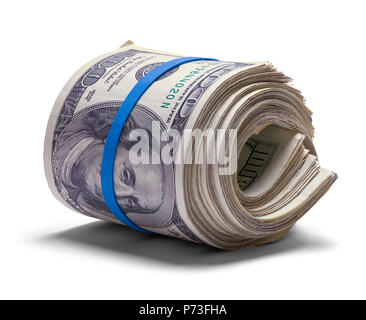 Fat One Hundred Dollar argent rouler isolé sur blanc. Banque D'Images