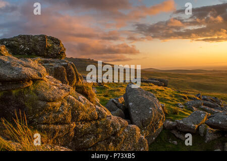 Belle lumière du soir sur Rowtor Dartmoor, montrant les contours et les paysages alentours à la fin de l'été. Banque D'Images