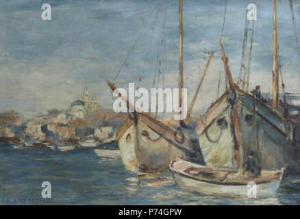 Român : Emilian Lzrescu - Port, Ulei pe carton, semnat stânga jos cu albastru, 38 x 55 cm. Date inconnue 39 Emilian Lazarescu - Port Banque D'Images