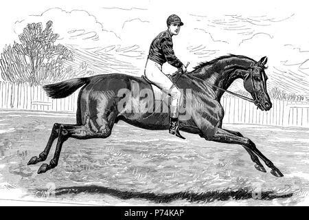 Iroquois, le gagnant du derby de 1881 et son jockey, Fred Archer, Iroquois (1878-1899), était le premier cheval de course pur-sang élevés à remporter le prestigieux Derby à Epsom Epsom Downs Racecourse, Epsom, Surrey, Angleterre, amélioration numérique reproduction à partir d'un tirage original de l'année 1881 Banque D'Images