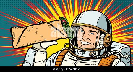 L'astronaute de l'homme souriant présente Kebab Sandwich Shawarma Illustration de Vecteur