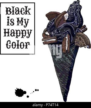 Cookie black ice cream cone avec écrit à la main le noir est ma couleur heureux slogan lettrage. Fantasy goth mode dessert. À l'halloween. Cafe, snack-symb Illustration de Vecteur