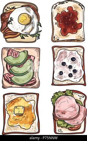 Ensemble de petit-déjeuner toasts sur fond blanc. Illustration de Vecteur