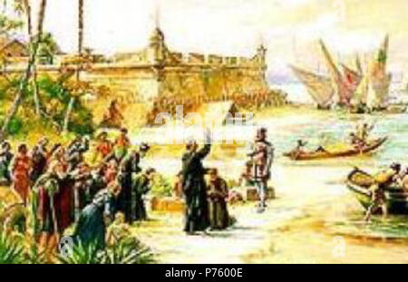 . Anglais : Estácio de Sá à São Vicente, 1565 (Départ de Estácio de Sá) Português : Estácio de Sá em São Vicente, 1565 (Partida de Estácio de Sá). Ao fundo o fortim de São Tiago da Bertioga. Date inconnue 170 Nobrega1 (superficie cultivée) Banque D'Images
