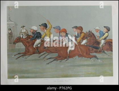 Supplément d'hiver ; n° d'impression double : Caricature de groupe de cavaliers et leurs chevaux. John Osborne, Tom Cannon, John Watts, Fred Webb, Fred Barrett, George Barrett, William Robinson et Fred Rickaby. Sous-titre suivant : "Le poteau d' . 8 décembre 1888 230 au poteau, Vanity Fair, 1888-12-08 Banque D'Images