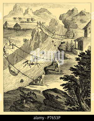 Transports - dans les Andes de l'Amérique du Sud équatoriale : 1. Pont de corde. 2ème passage à niveau. 3ème passage pour les gens. Après : 'Histoire générale de voyage", Leipzig 1751, 1902 Banque D'Images