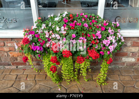 Fenêtre colorée fort exposées à l'extérieur d'un café à St Annes, Lancashire, UK Banque D'Images