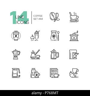 Service à café - ligne style design icônes isolé sur fond blanc. Pictogrammes noir, haricot, tasse de papier, latte, grinder, moka pot, cezve, presse française, m Illustration de Vecteur
