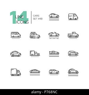 Voitures - ensemble d'icônes de style de conception en ligne, les pictogrammes isolé sur fond blanc. Berline, monospace, minibus, cabriolet, fort van, ramassage, jeep, crossover, Illustration de Vecteur